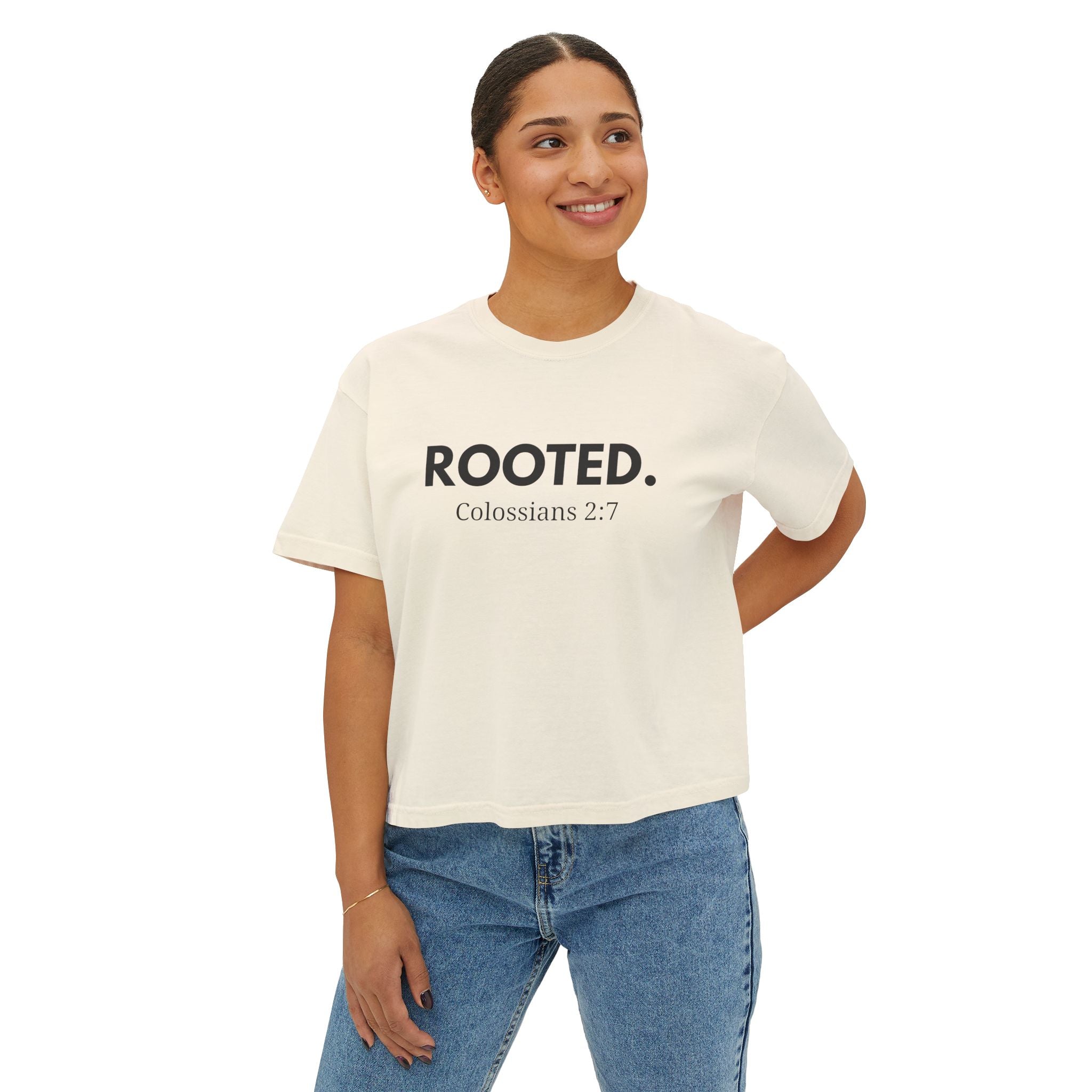 Rooted Colossians 2:7 Women's Boxy Tee — Christian Faith Graphic Shirt